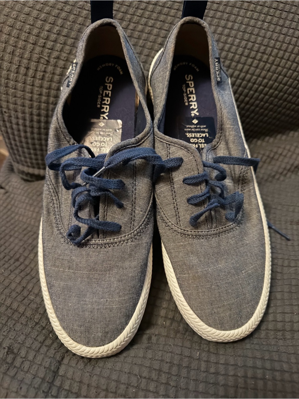Sperry Gray Chambray Lace-Up Sneakers with Navy Laces